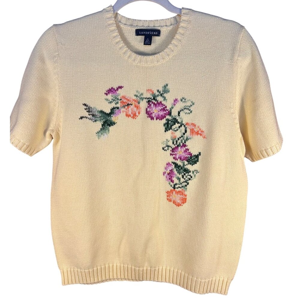 Lands End Womens Medium 10/12 Yellow Knit Sweater Floral & Hummingbird Granny